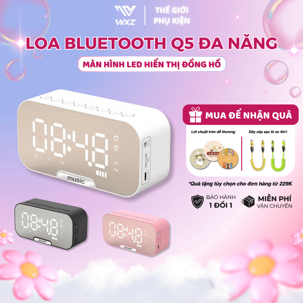 Loa Bluetooth Mini Q5 Kèm Đồng Hồ Điện Tử, Màn Hình Số Rõ Nét, Bass Mạnh, Để Bàn Gọn Gàng