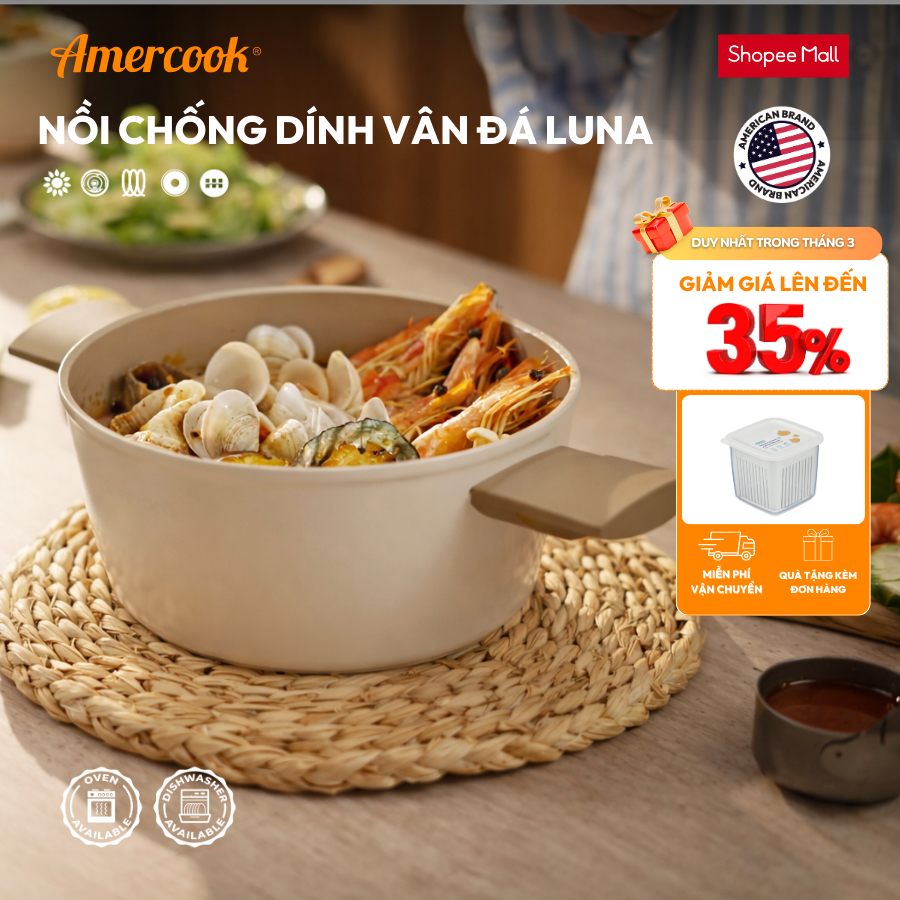 Nồi bếp từ chống dính Amercook LUNA - Nhôm rèn nguyên khối phủ Ceramic an toàn (Size 20/24cm)