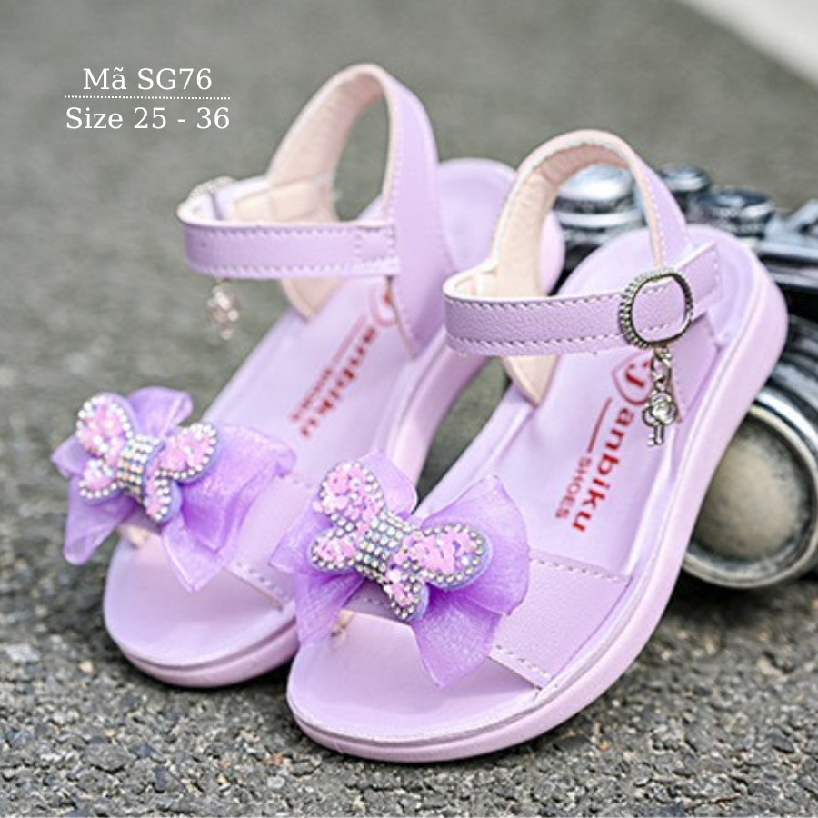 Sandal bé gái màu tím đính nơ Hàn Quốc dép quai hậu cho bé gái 9 - 12 tuổi êm nhẹ chống trơn SG76