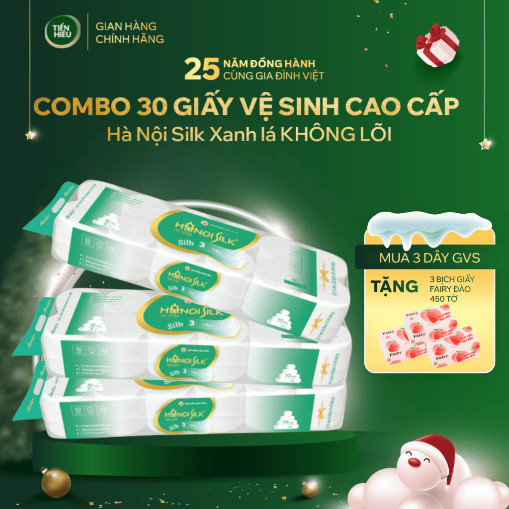 COMBO Giấy Vệ Sinh Hanoi Silk Xanh Lá 3 Lớp Không Lõi 10 Cuộn/Bịch - Tặng Giấy Ăn Rút Fairy Đào 450 