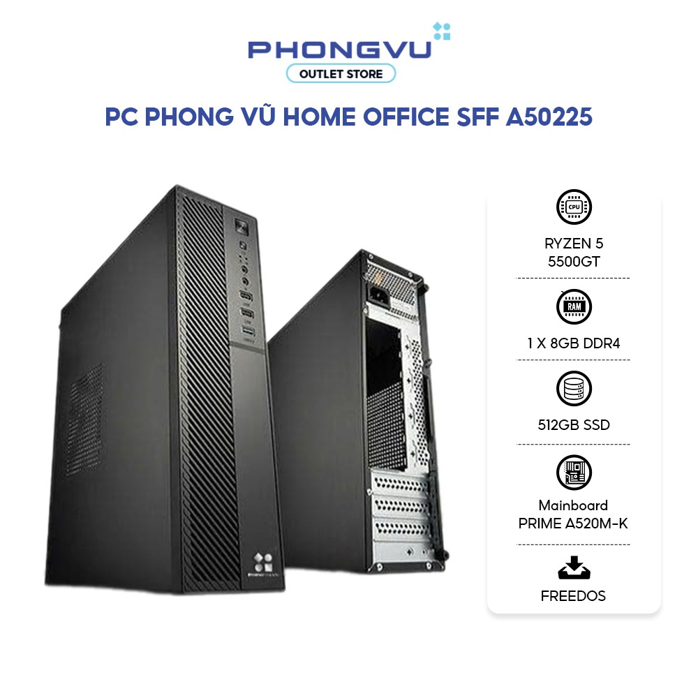 PC văn phòng Phong Vũ SFF A50225 (AMD Ryzen 5 5500GT/ 1 x 8GB/ 512GB SSD) - Bảo hành 36 tháng