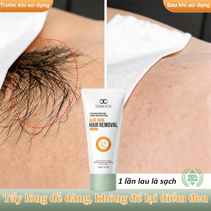 Kem tẩy lông dịu nhẹ LYDIMOON Aloe Vera 50g: Tẩy lông vùng kín, nách, tay và chân; phù hợp với mọi l