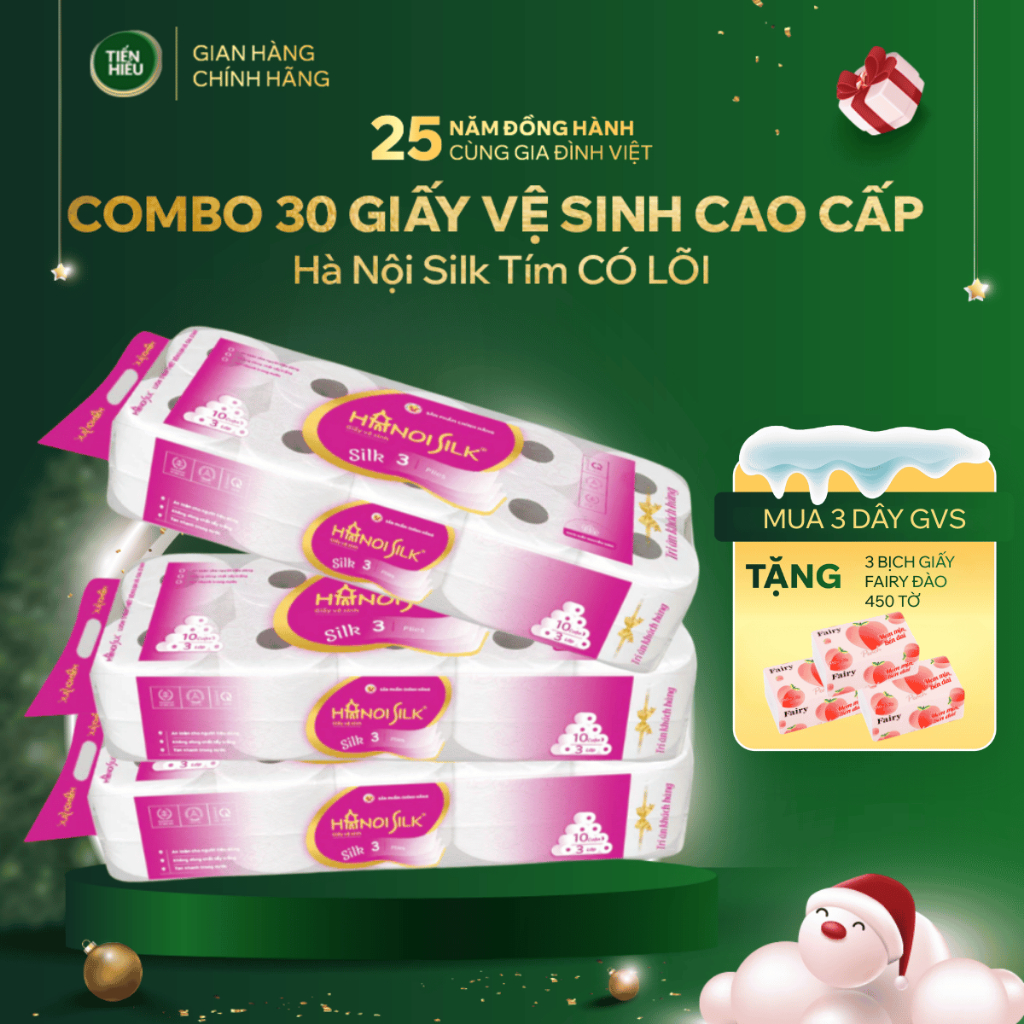 (Mua 3 tặng 4) COMBO Giấy Vệ Sinh Hanoi Silk Tím Có Lõi Giấy 3 Lớp Tan Nhanh 10 Cuộn - Tặng Giấy Ăn 