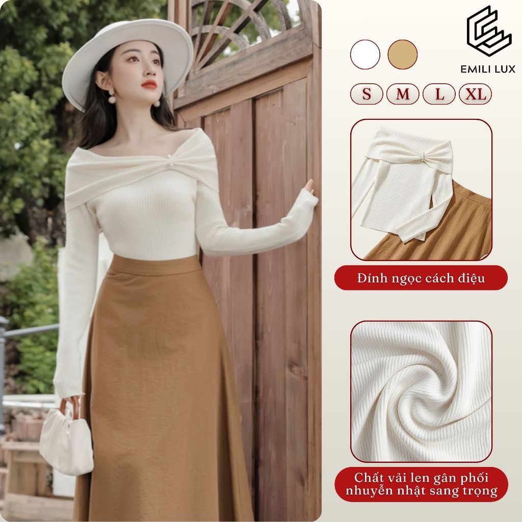 Sét áo len trễ vai phối chân váy A dáng suông Emili Design phong cách nhẹ nhàng [V258]
