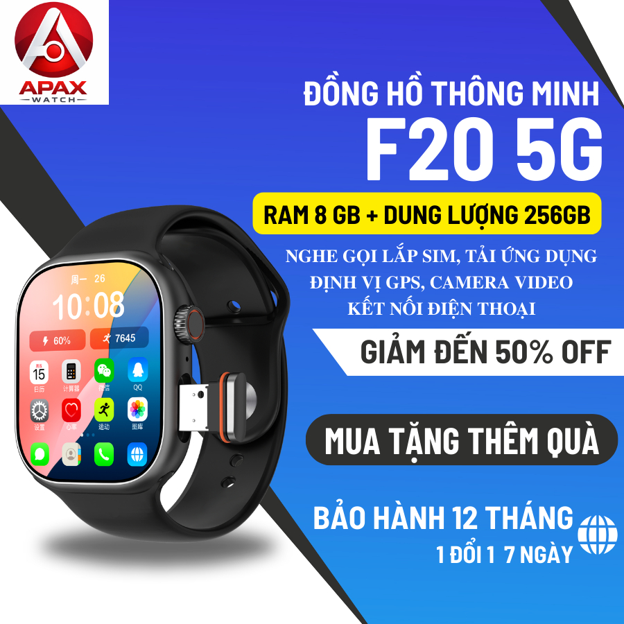 Đồng Hồ Thông Minh Lắp SIM APAX Watch F20 5G – Tải App CHPlay, Wifi, GPS, Camera Xoay 180 độ, Nghe G