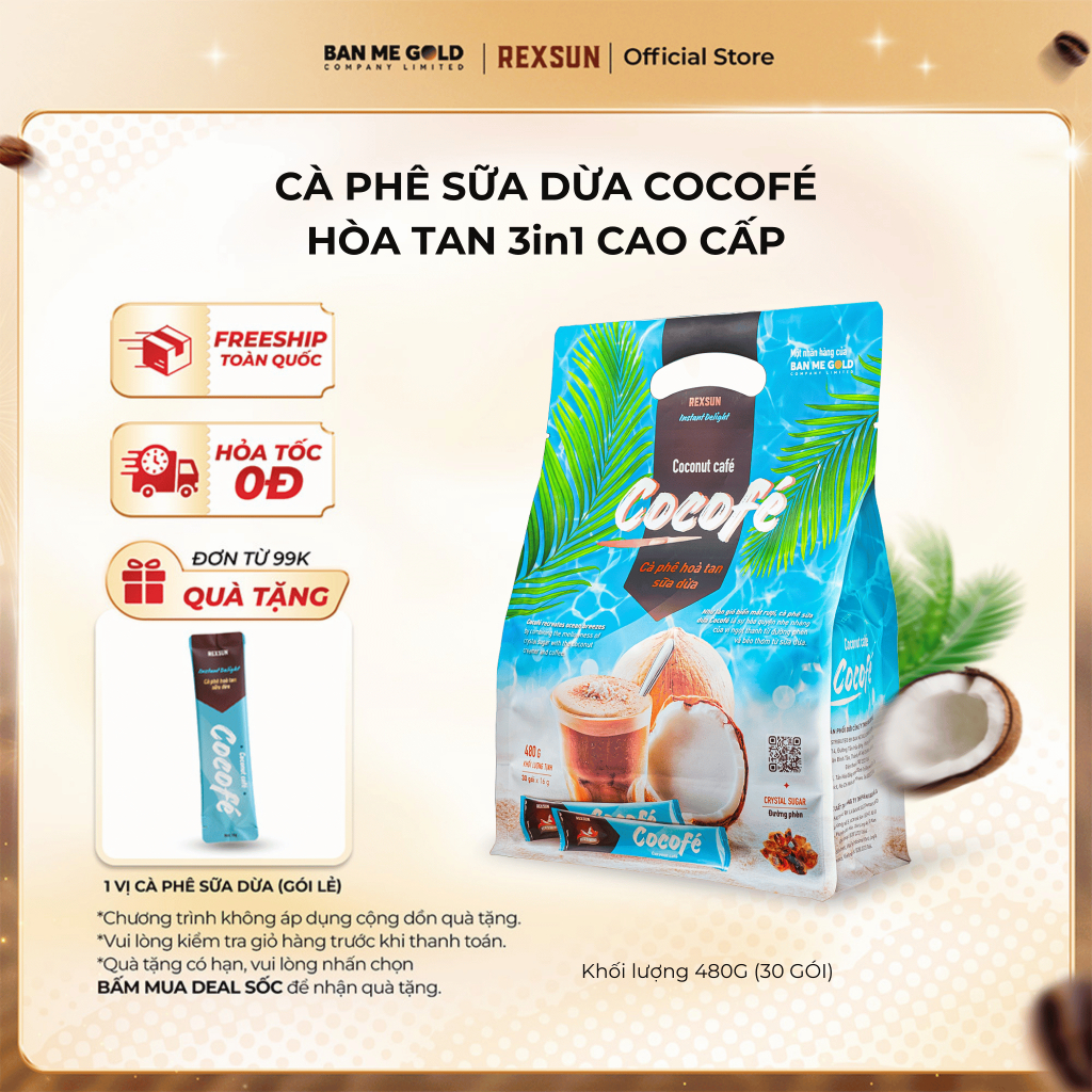  Cà Phê Sữa Dừa Cocofe – Túi 480gr (30 Gói) - Cafe Hòa Tan 3in1 Cao Cấp Chính Hãng REXSUN