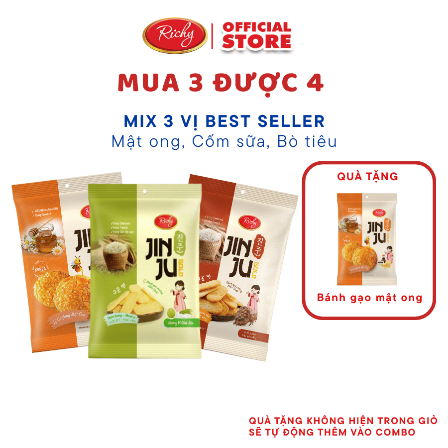 [HCM | MUA 3 ĐƯỢC 4] Combo 3 bánh gạo Hàn Quốc Jinju Richy vị cốm sữa ganjang mật ong và bò nướng ti