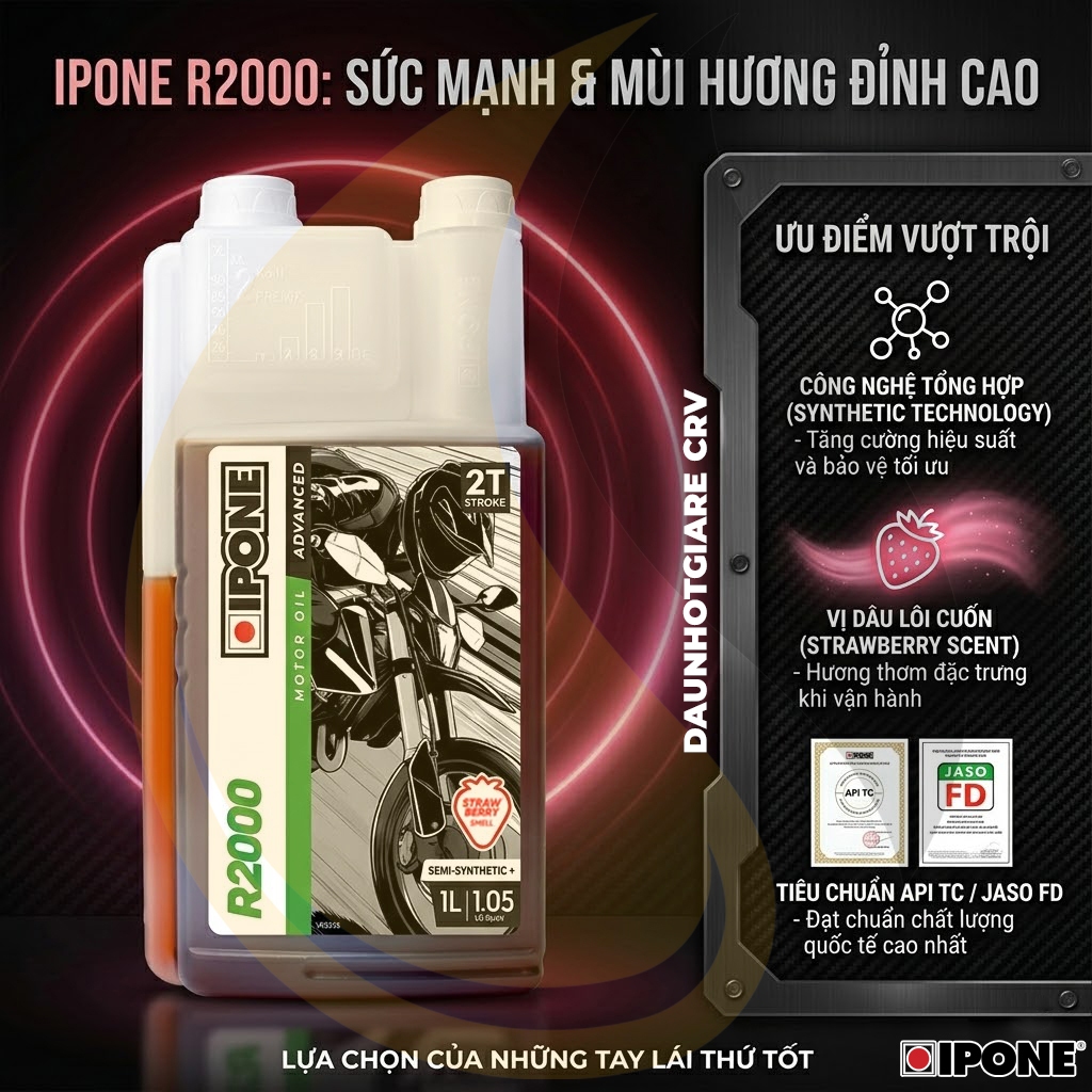 Nhớt 2 Thì IPONE R2000 Hương Dâu Đặc Trưng 1L -  Công Nghệ Tổng Hợp Tiêu Chuẩn API TC/ JASO FD