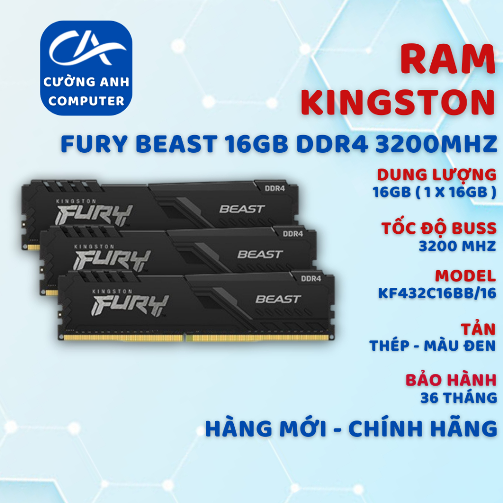 Ram Desktop KINGSTON FURY BEAST 16GB (1x16GB) DDR4 3200Mhz. (KF432C16BB1/16)