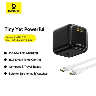 COMBO Củ Sạc Nhanh Baseus GaN 30W FN21 & Dây Sạc Type-C PD 30W Kiểm Soát Nhiệt Thông Minh Mini