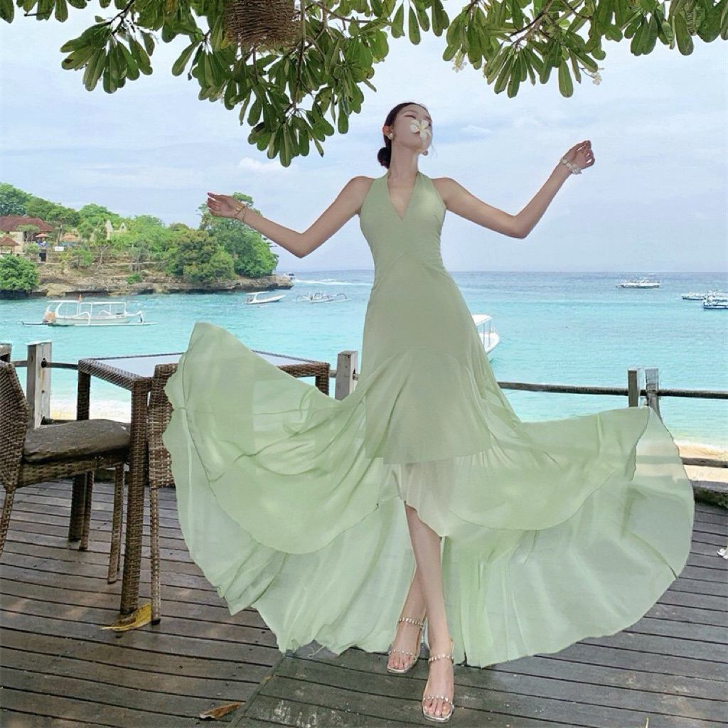 Lizz Studio M6100 Váy yếm dáng dài xanh mint đi biển thơ mộng