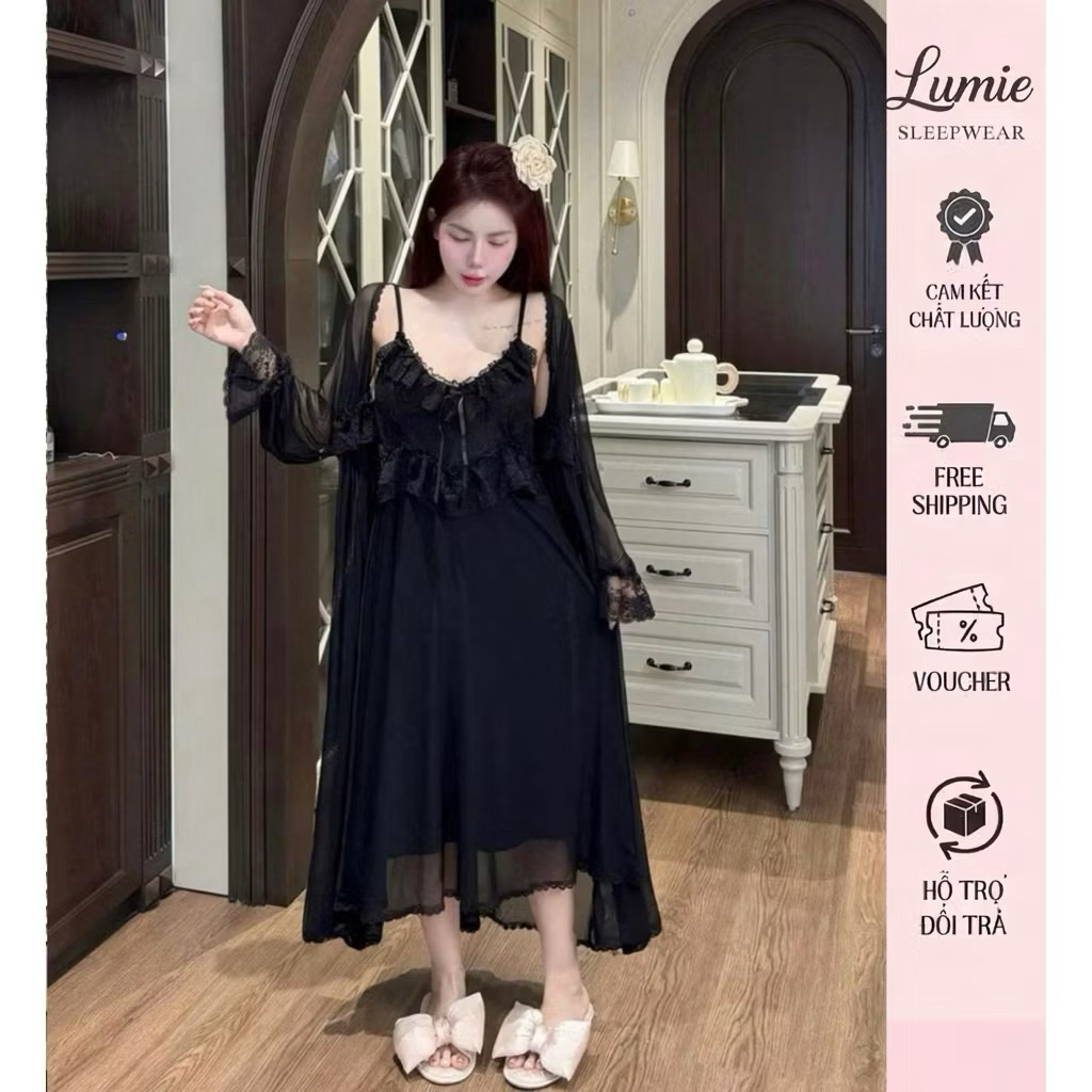 P12 - Set váy ngủ lụa tơ kèm áo choàng cotton co giãn dáng dài, phối ren tầng xoè eo hàng Lyly cao c