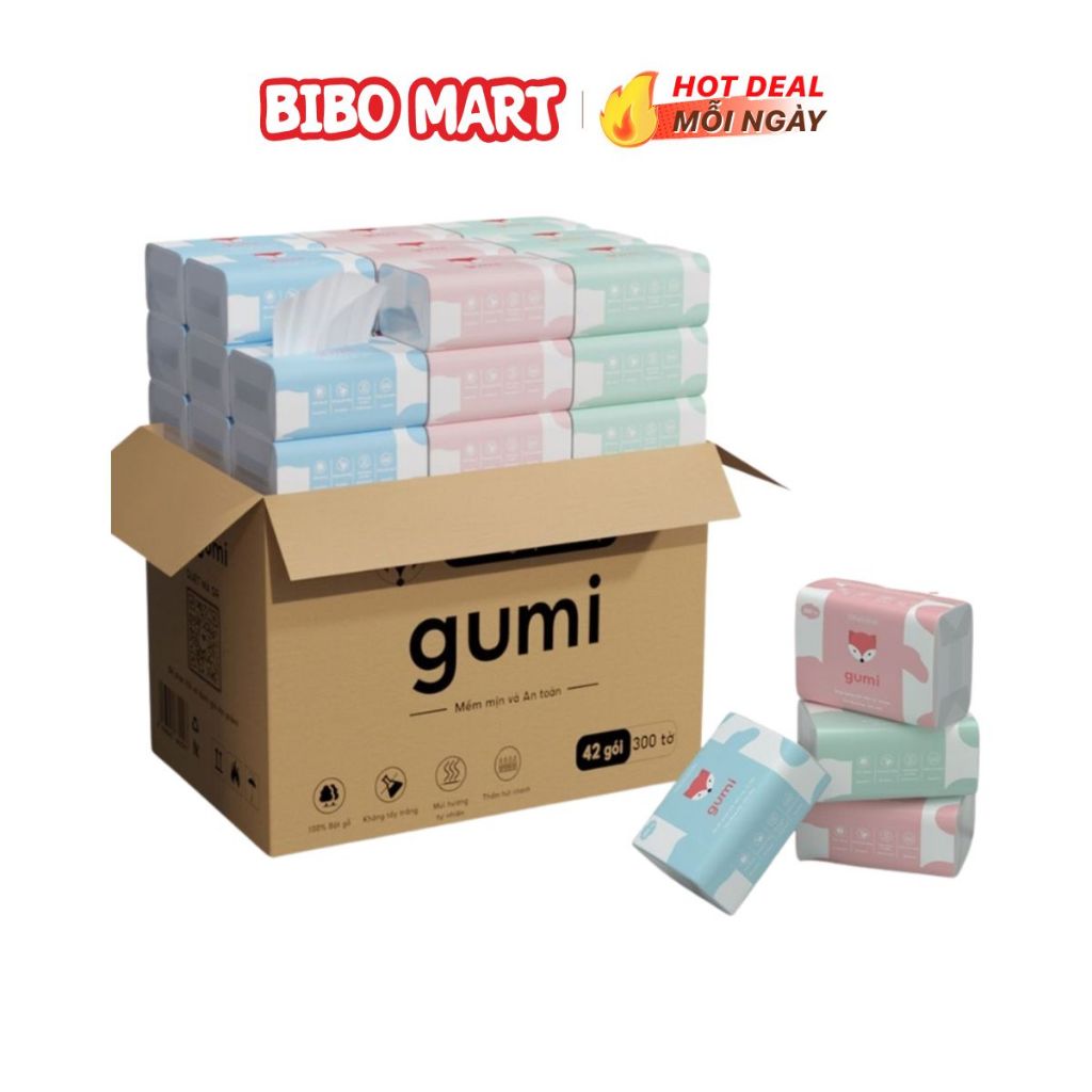 Thùng 42 gói giấy ăn cao cấp Gumi 3 lớp mềm mịn, tiện lợi - Bibomart