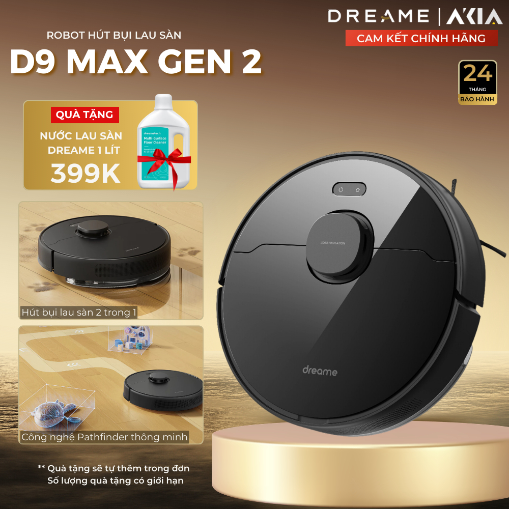 Dreame D9 Max Gen 2 - Robot hút bụi lau nhà màu đen, kích thước 350x350x96.8mm, dung lượng hộp chứa bụi 0.57L