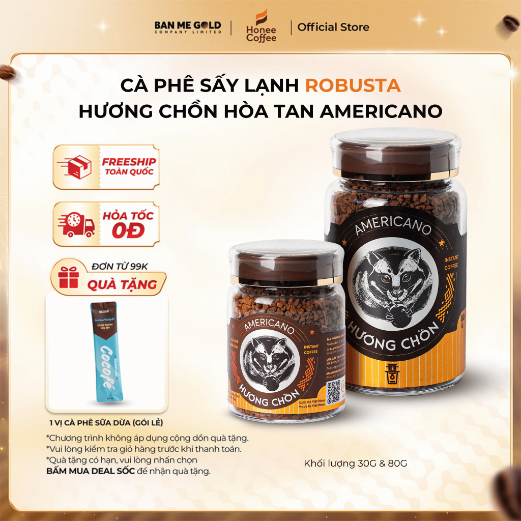 Cà phê sấy lạnh robusta (30g/80g) cà phê chồn - cafe sấy lạnh - cà phê hoà tan dùng liền - Honee Cof