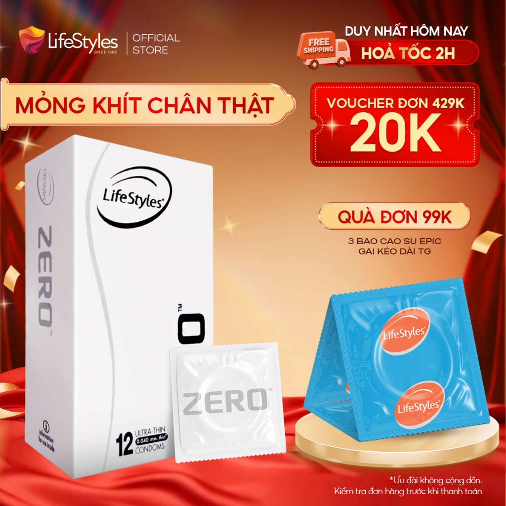 Bao cao su  Lifestyles Zero Ultra Thin siêu mỏng, nhiều gel bôi trơn hộp 3 bcs/12 bcs