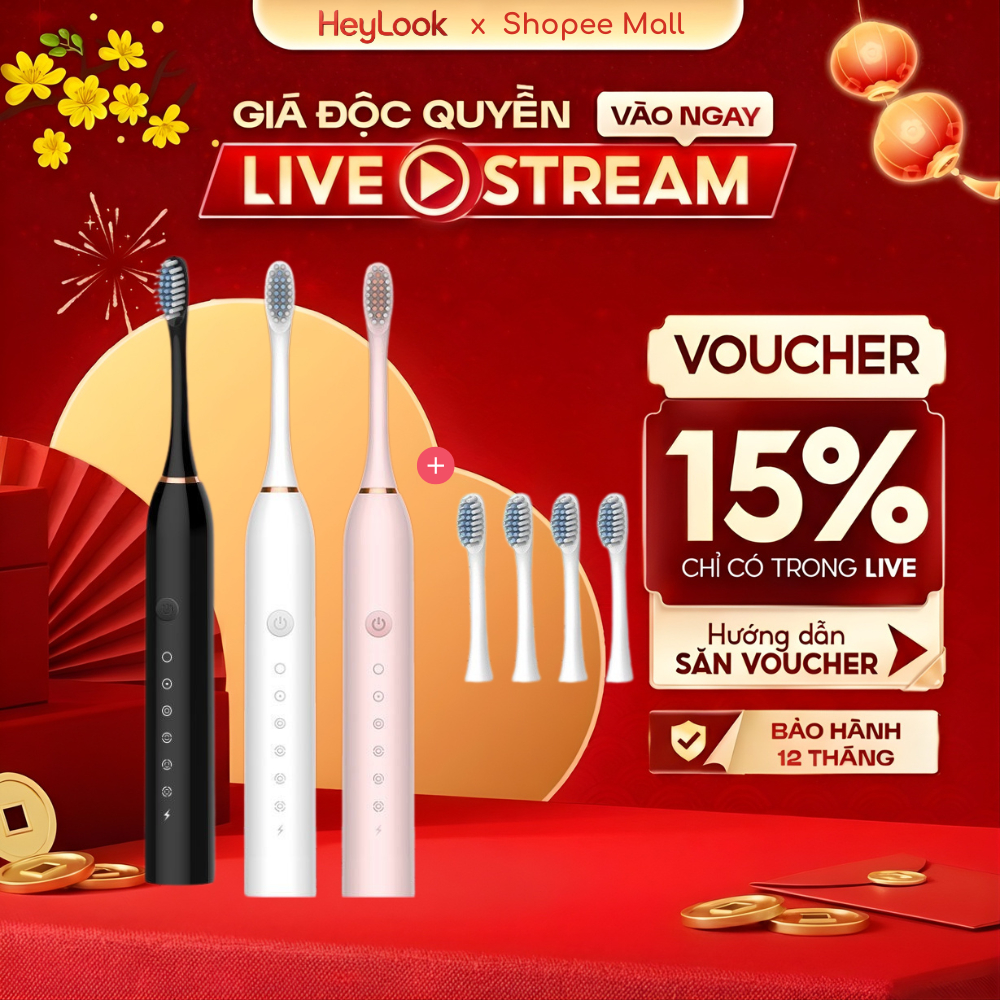 Bàn Chải Đánh Răng Điện Sonic X3 Pro Thông Minh 6 Chế Độ Sóng Âm Tặng Kèm 4 Đầu Chải Thay Thế