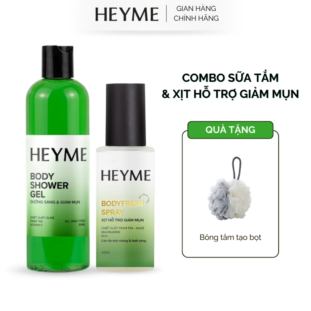 Combo hỗ trợ giảm mụn lưng, mụn cơ thể, giảm viêm nang lông HEYME - Sữa tắm và xịt mụn nang lông chi