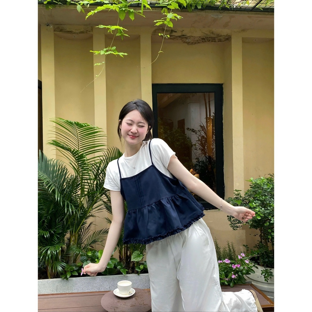 Set Đồ Nữ Áo Thun Trơn Cộc Tay Kèm Áo 2 Dây Xếp Ly Viền Bèo,Áo Kiểu Babydoll Dễ Thương Phong Cách Hàn
