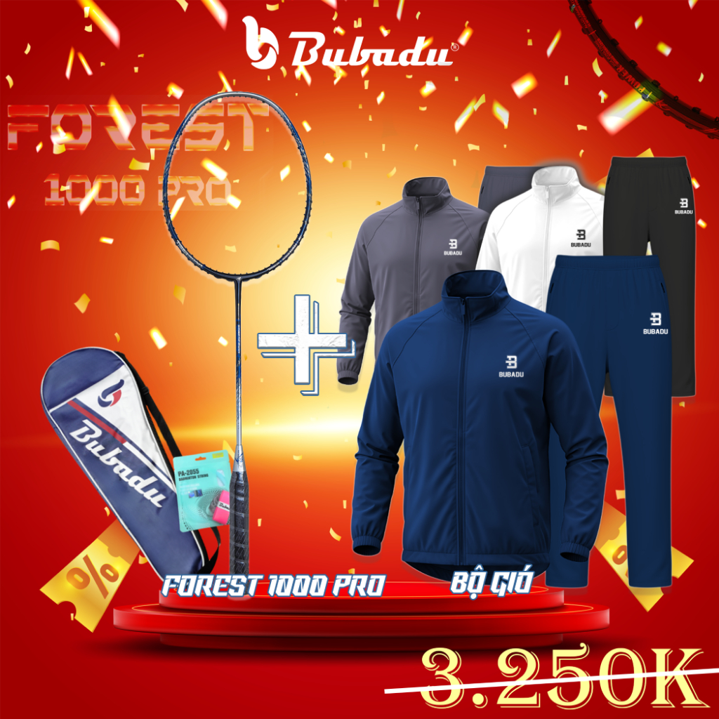 Combo Vợt Cầu Lông Bubadu Forest 1000 Pro & Bộ Quần Áo Gió Bubadu Cao Cấp - Tặng Kèm Bao & Phụ Kiện