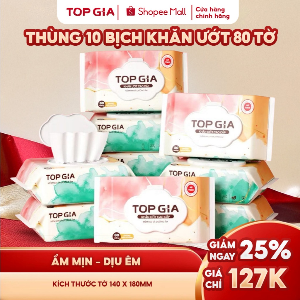 Thùng khăn ướt Topgia 80 tờ không cồn không parabens cao cấp dành cho mẹ và bé