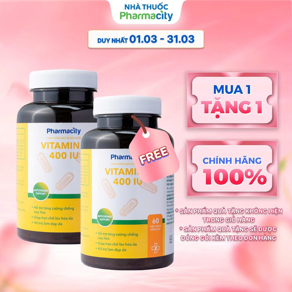 Viên uống Pharmacity Vitamin E 400IU hỗ trợ tăng cường chống oxy hóa, làm đẹp da (Chai 60 viên)