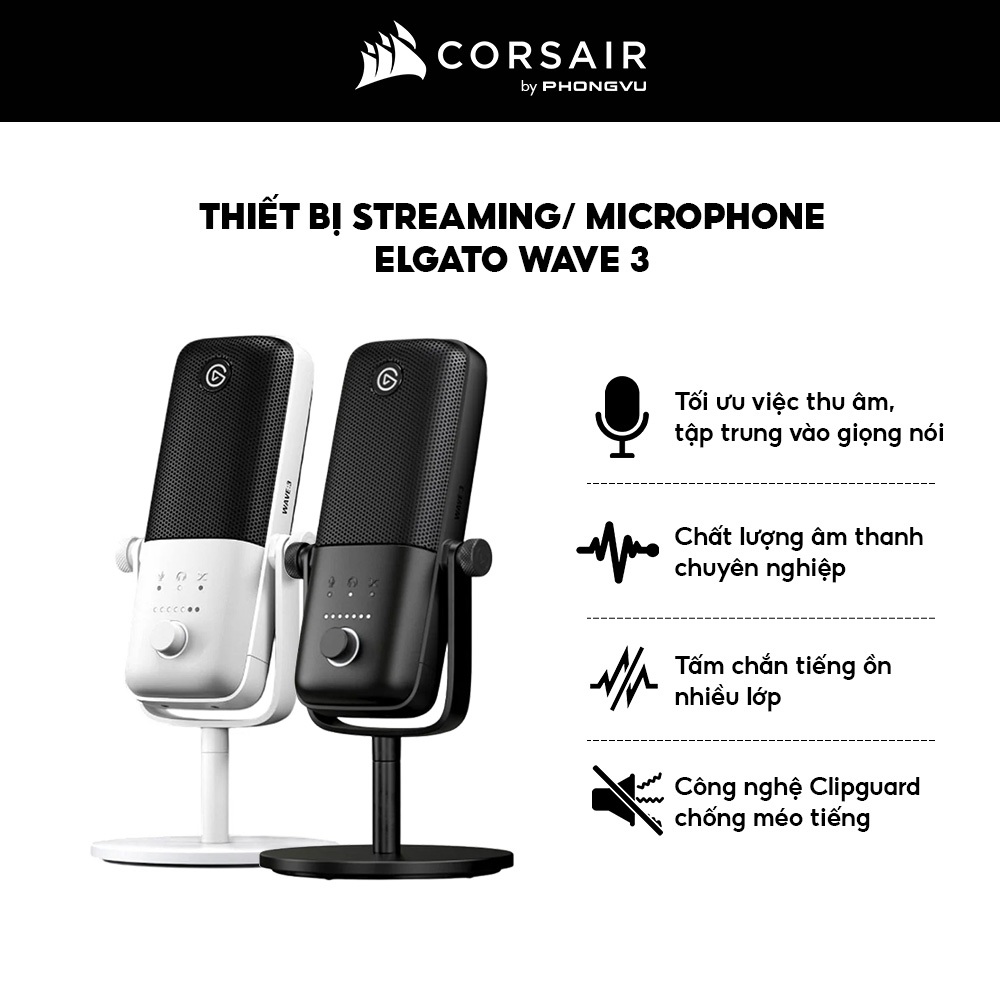 Thiết Bị Streaming / Microphone Elgato Wave 3 - Công Nghệ Clipguard, Kèm Mixer Wave Link