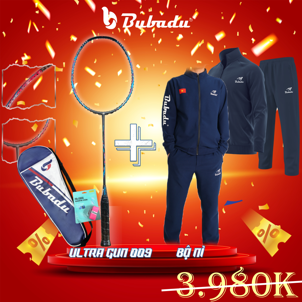 Combo Vợt Cầu Lông Bubadu Ultragun 009 Tấn Công & Bộ Quần Áo Nỉ Thể Thao Bubadu cao cấp
