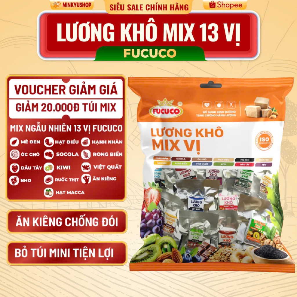[13 VỊ MỚI] Lương Khô Mini Fucuco Túi 1kg 13 Vị Chính Hãng Bổ Sung Năng Lượng HSD 12/2030