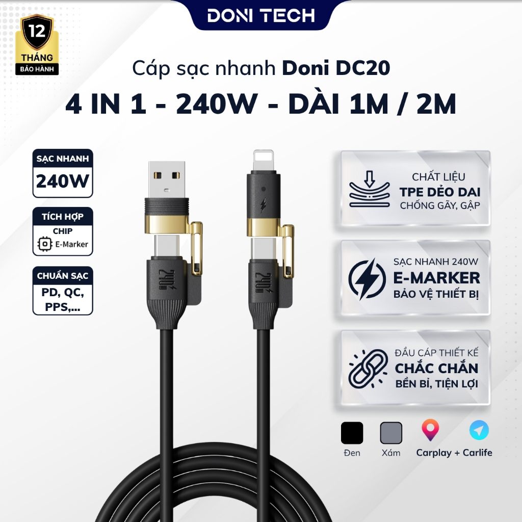 Cáp Sạc Nhanh 240W Silicon 4in1 Doni DC20 Dài 2 Mét Chip E-Marker Cho Phone 8-17 PROMAX, ĐT, Laptop