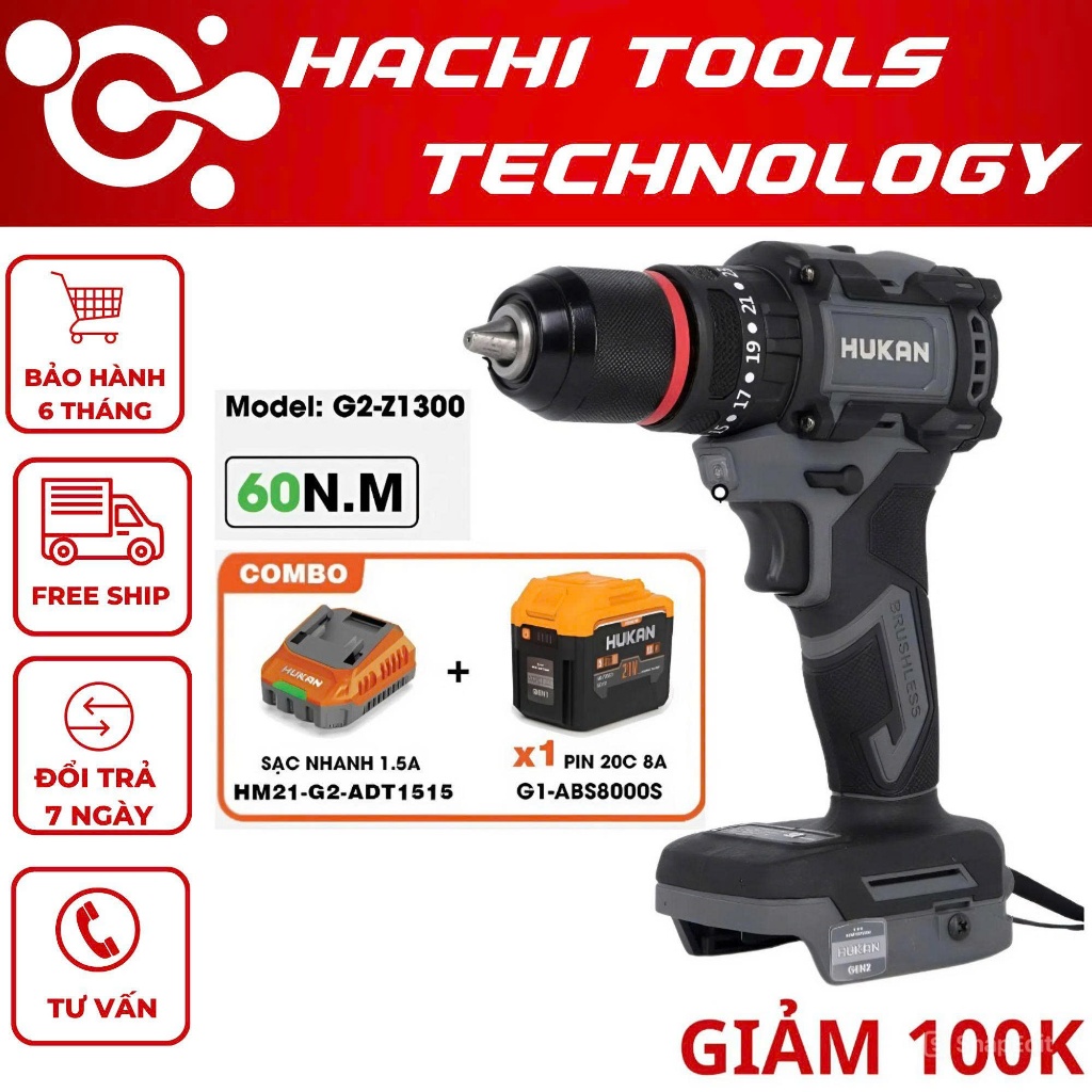 Máy khoan pin HUKAN G2-Z1300, Không chổi than, 60Nm, 3 chức năng 13 ly, Có khóa trục CÓ TẠO XUNG