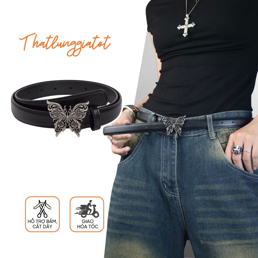 REBELT Y2K - Thắt lưng nữ y2k mặt bướm bạc chạm khắc style Gothic/Vintage bản nhỏ 2.3cm TL624