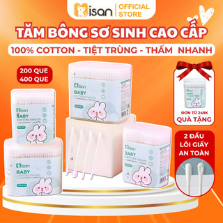 Tăm bông cho bé sơ sinh Misan, bông ngoáy tai trẻ em 2 đầu lõi giấy cao cấp an toàn hộp 200, 400 que