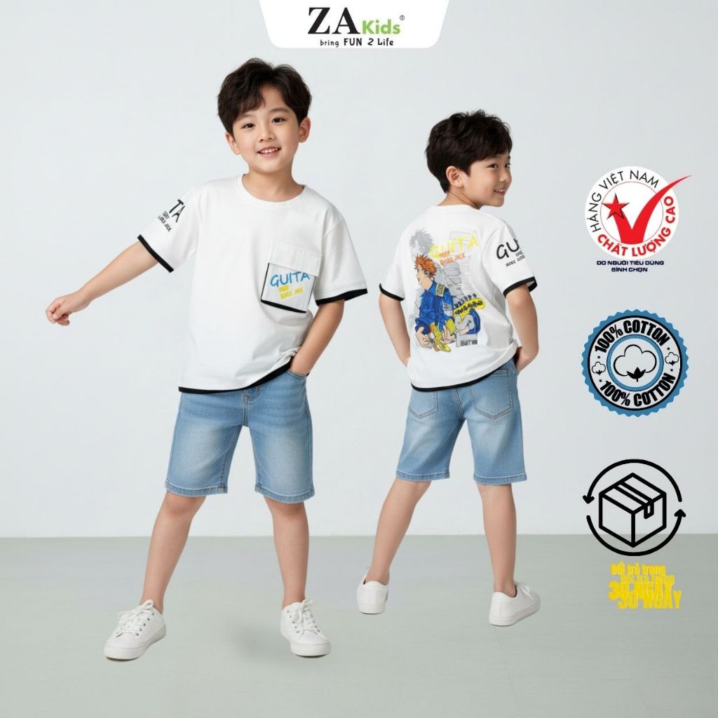 (Size 16kg-65kg)Áo Thun Bé Trai Cotton 4 Chiều Cao Cấp Ngắn Tay Zakids Tshirt Cộc Tay ZAA2352