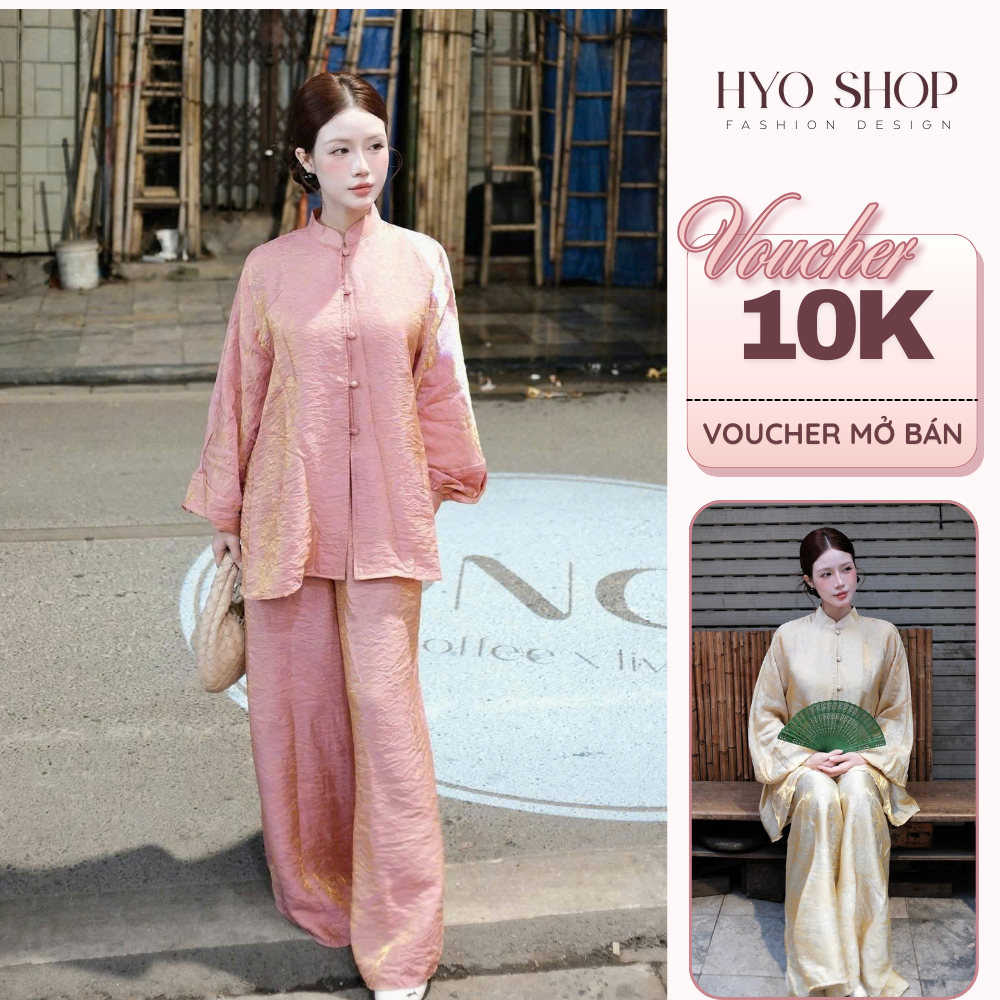 Set pháp phục nữ đi chùa dài tay mix quần suông dáng rộng thanh lịch cao cấp - HYO SHOP