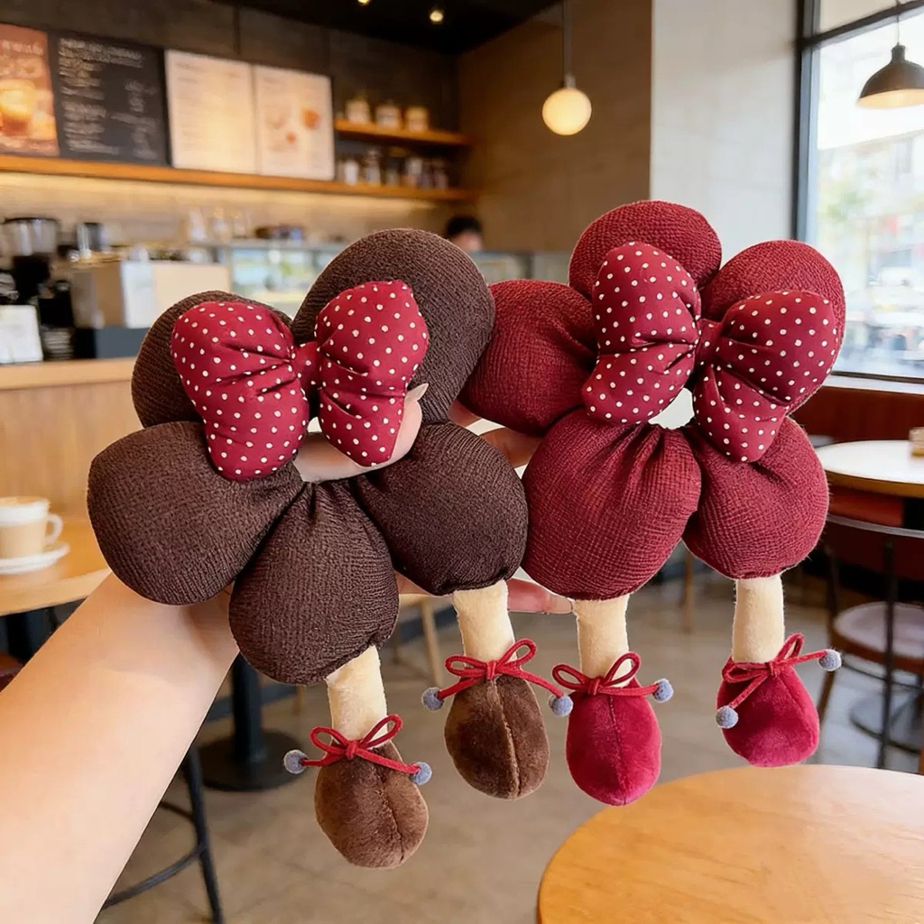 scrunchies chun hoa phồng đính nơ, scrunchies nâu đỏ đính nơ