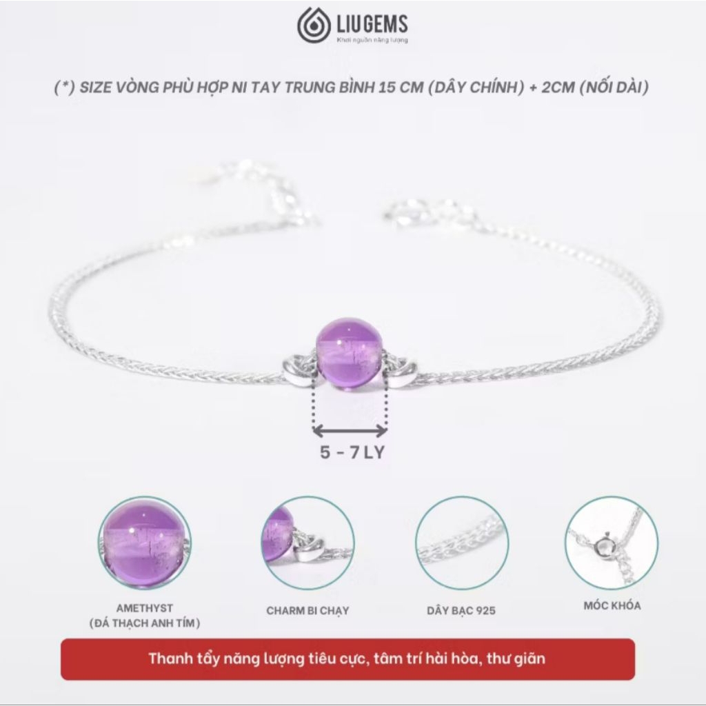 [PASS] Vòng Tay Bạc Nữ Liugems Kết Hợp Đá Phong Thủy Handmade Charm Amethyst (Thạch Anh Tím)