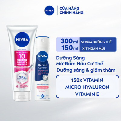 Bộ 02 Serum Dưỡng Thể NIVEA 10 Super Vitamins & Skin Foods 300ml & Xịt Ngăn Mùi NIVEA Derma Dưỡng Sáng Đều Màu 150ml