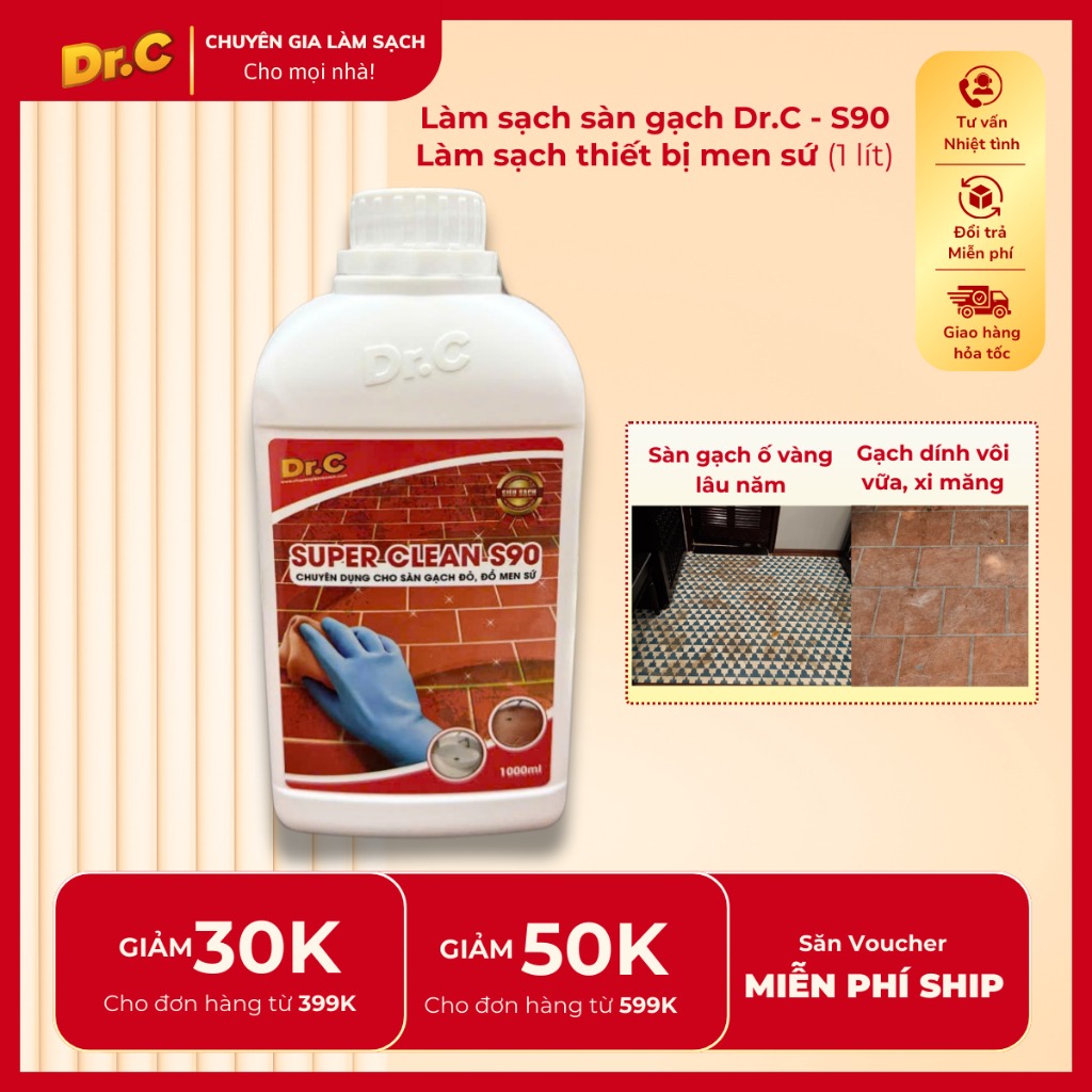 Làm sạch sàn gạch 1L, tẩy sạch thiết bị men sứ Dr.C CHÍNH HÃNG - Super Clean S90 Tẩy Xi Măng, Vôi Vữa