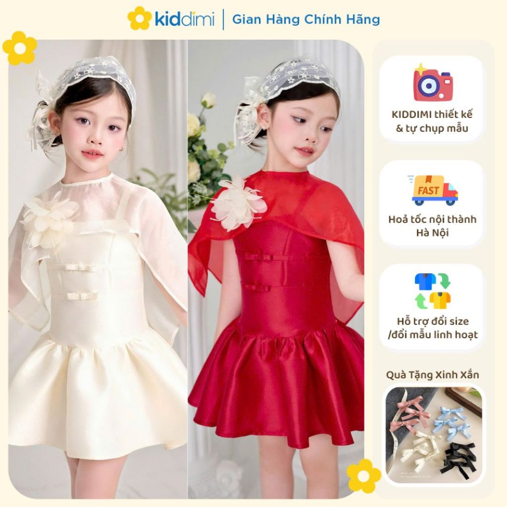 (Chính hãng Kiddimi) Váy tiểu thư cổ voan - tháo rời (tặng hoa cài) thanh lịch cho bé - ASLEY DRESS