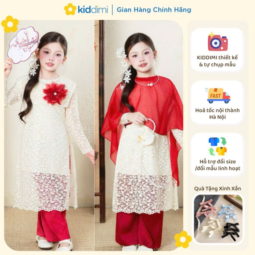 (Chính hãng Kiddimi)  Áo dài ren thanh lịch TẶNG HOA + VOAN ĐỎ cho bé gái - XUÂN CÁT
