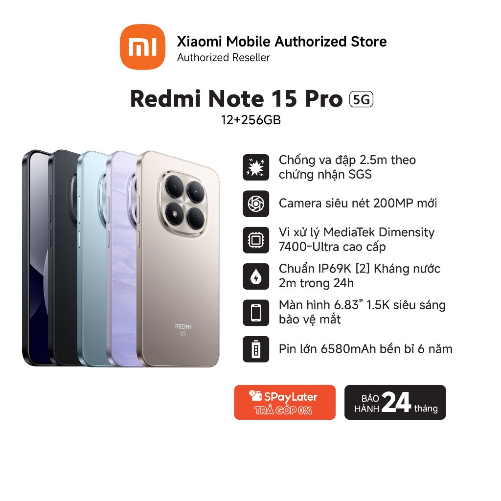 Điện thoại Redmi Note 15 Pro 5G (12+256GB) | Màn 6.83" 1.5K | MTD 7400-Ultra | Camera 200MP | Chống 
