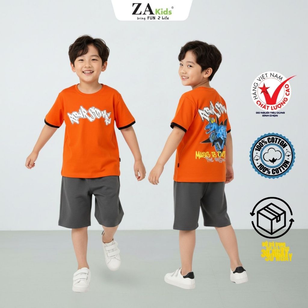 (Size 16kg-65kg) Áo Thun Bé Trai Ngắn Tay Cotton 4 Chiều Cao Cấp Zakids Tshirt Cộc Tay ZAA2351
