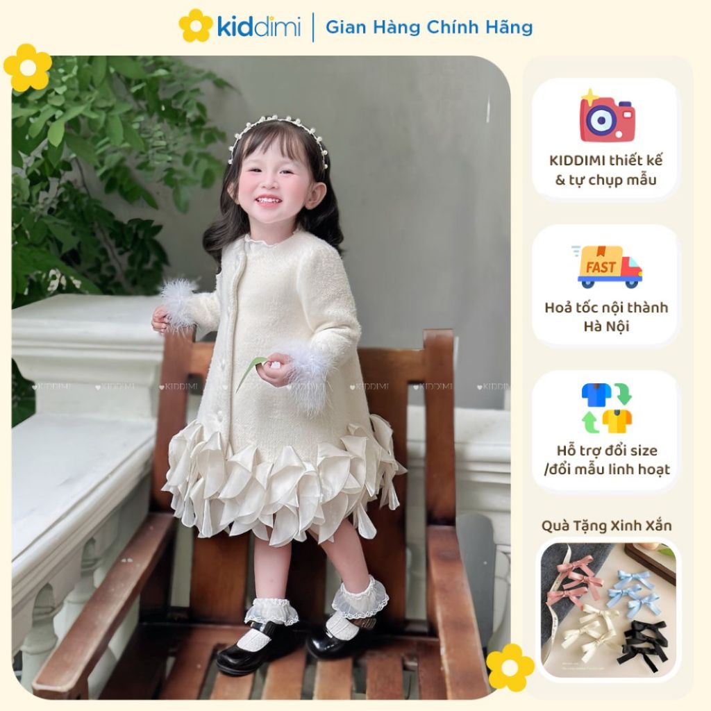 (Chính chủ KIDDIMI) Váy dạ lông thỏ đính lông vũ cho bé gái - SNOW DRESS