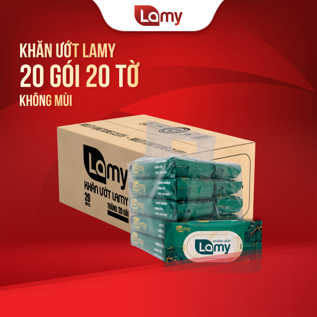 [LAMY OFFICIAL]_Thùng 20 gói khăn ướt Lamy gói 20 tờ không mùi gói nhỏ