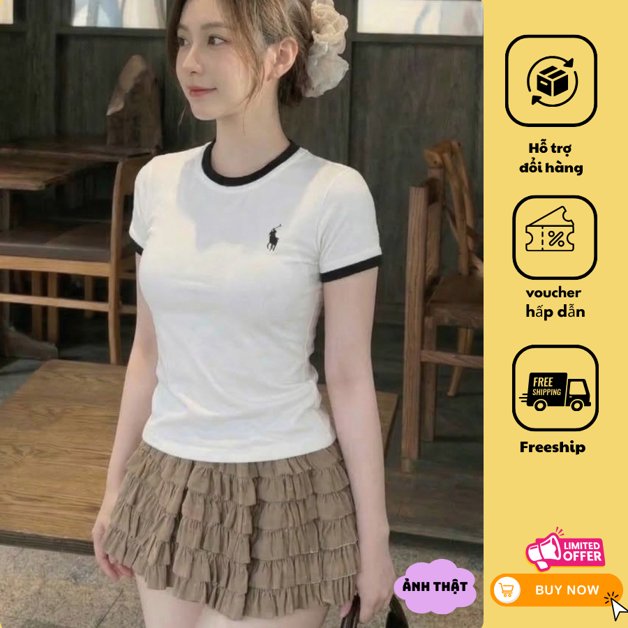 Áo Thun Cotton, Áo Thun Nữ Cổ Tròn Viền Màu Thêu Ngựa [H46]