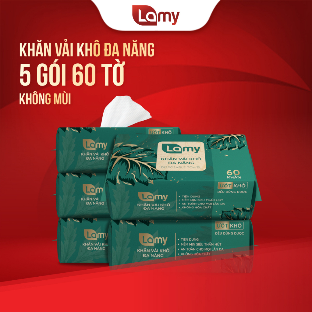 Khăn khô đa năng cho bé Thùng 05 gói rút Lamy gói 60 tờ không mùi không cồn mềm mịn