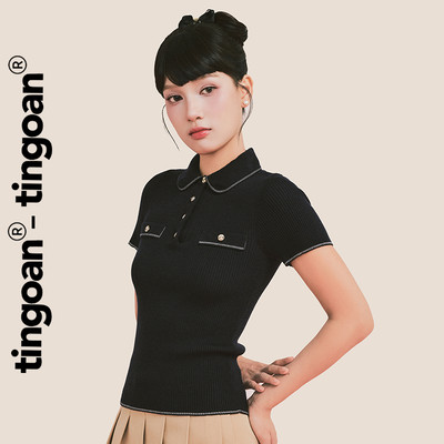 TINGOAN® - Áo dệt kim xù xanh than cổ sen bo viền phối túi ngực dáng ôm NOT CUTE ANYMORE TOP/DB