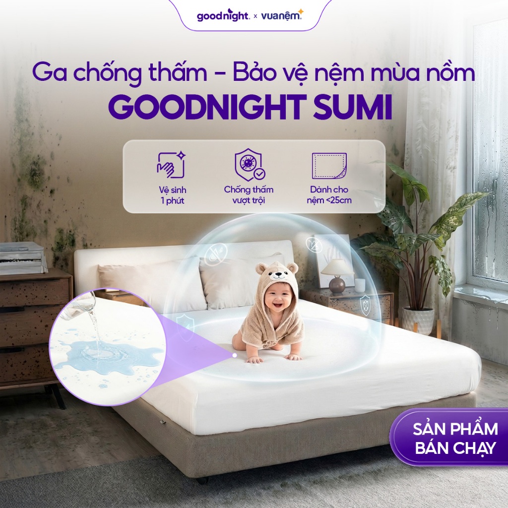 Ga Chống Thấm Vua Nệm Goodnight Sumi, Bảo Vệ Nệm,Tăng Tuổi Thọ Nệm 25cm, Bọc Đệm Chống Thấm Nước | BigBuy360 - bigbuy360.vn
