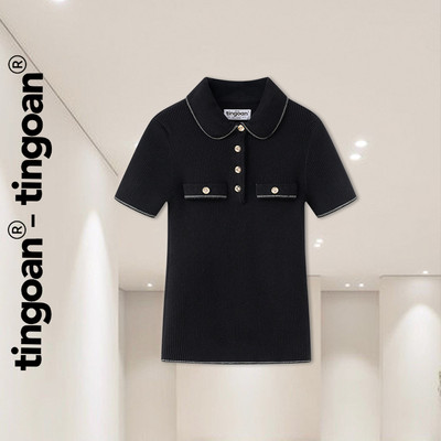 TINGOAN® - Áo dệt kim xù đen cổ sen bo viền phối túi ngực dáng ôm NOT CUTE ANYMORE TOP/BL